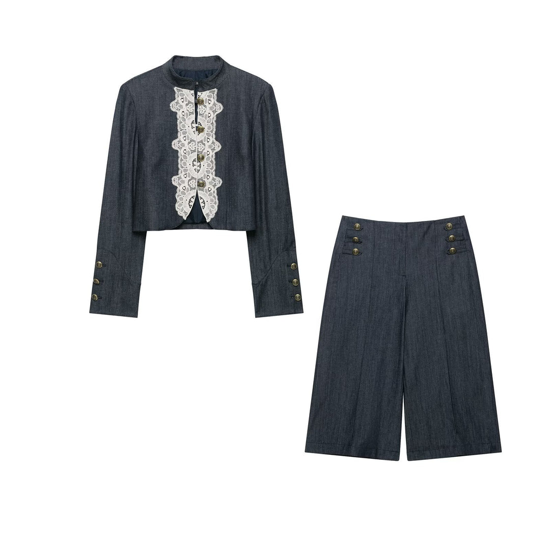 Dam Bolero-Stil Kort Jacka i Vintage Denim Stil med Lace Yoke och Brass Knappar