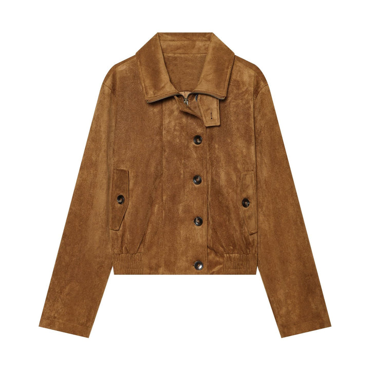 Dam Kort Jacka Tillverkad av Suede Läder med Blouson Silhuett, Stå Krage, och Knapp Knäppning