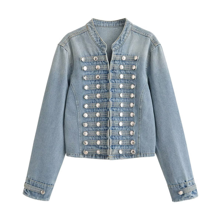 Dam Kort Denimjacka med Military Piping och Dekorativ Metal Knappar