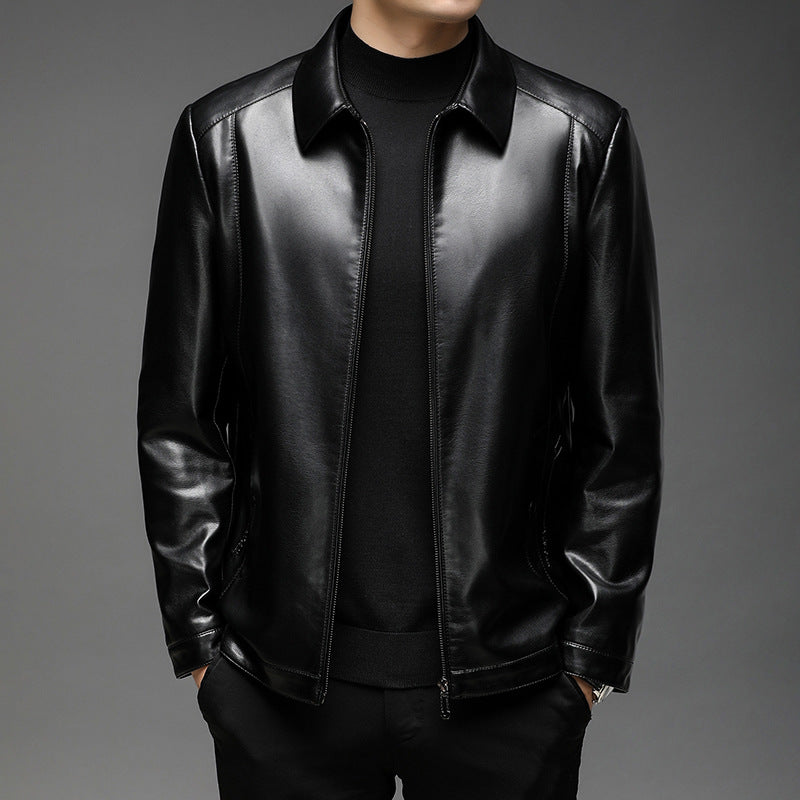 Herr Slät Konstläder Zip Jacka i Skjorta Krage Stil med Minimalistisk Söm Design