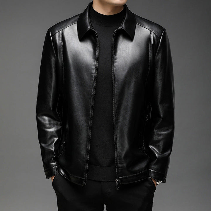 Herr Slät Konstläder Zip Jacka i Skjorta Krage Stil med Minimalistisk Söm Design