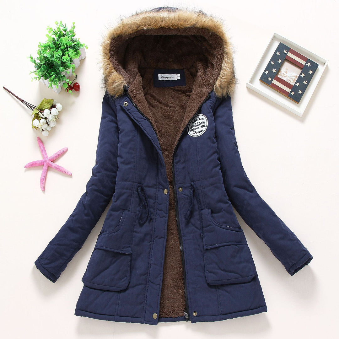 Dam high-värmande vinter parka med teddy foder, drawstring och faux fur kant