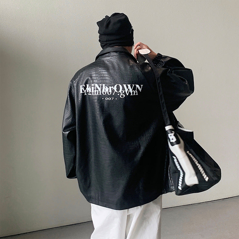 Herr Oversized Konstläder Jacka med Crocodile Embossing och Bak Logo