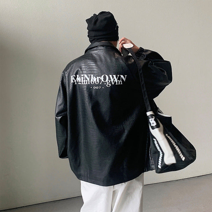 Herr Oversized Konstläder Jacka med Crocodile Embossing och Bak Logo