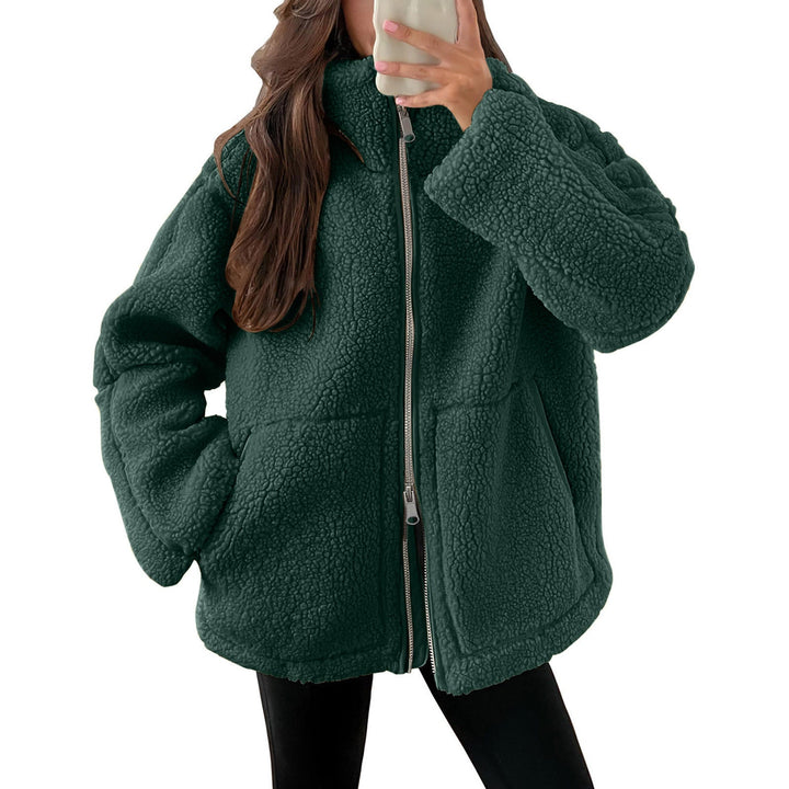 Dam oversized teddy fleecejacka med ståkrage och full-length dragkedja