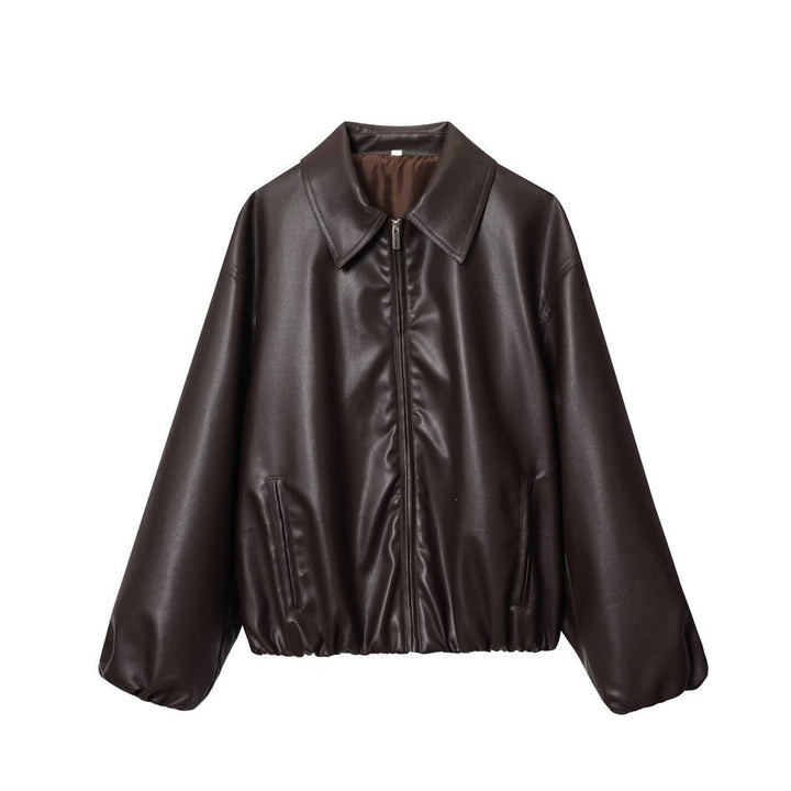 Dam kort skuren oversize blouse jacka gjord vegan läder med skjortkrage och elastic fåll