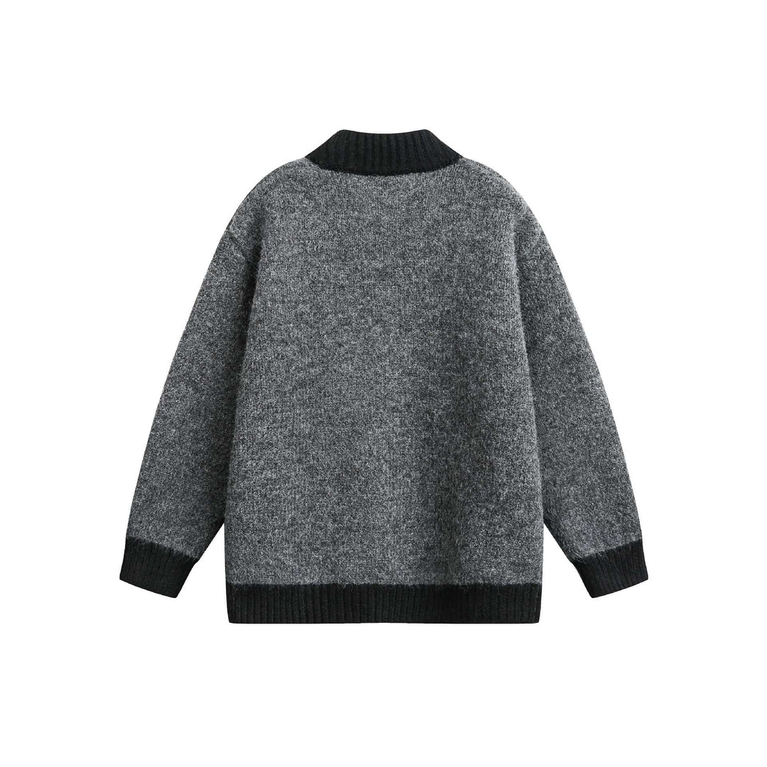 Dam Chunky Stickad Dragkedja Jacka med Hög Ribbad Krage och Two-Tone Muddar