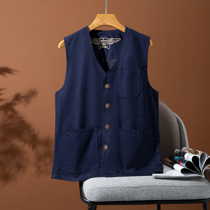 Herr Sleeveless Utility Canvas Väst med V-Neck, Knapplist, och Utanpåfickor