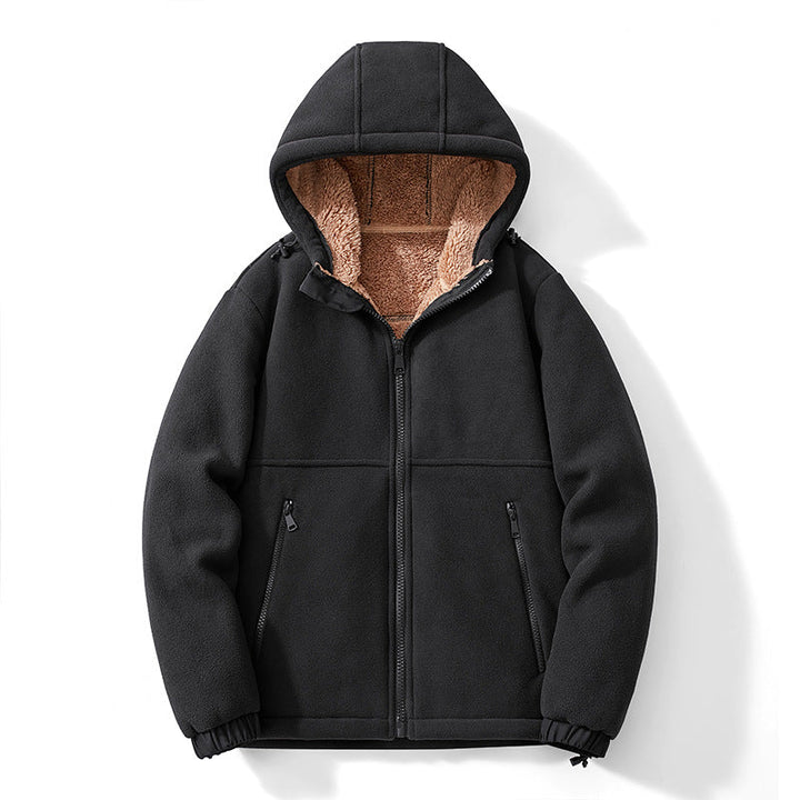 Herr Fleece Jacka med Huva med Teddy Foder, Zippered Fickor, och Adjustable Fåll