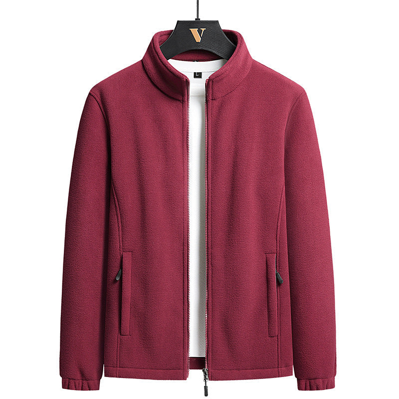 Herr Nano Minimalistisk Microfleece Cardigan med Ståkrage, Tvåvägsdragkedja och Elastiska Muddar