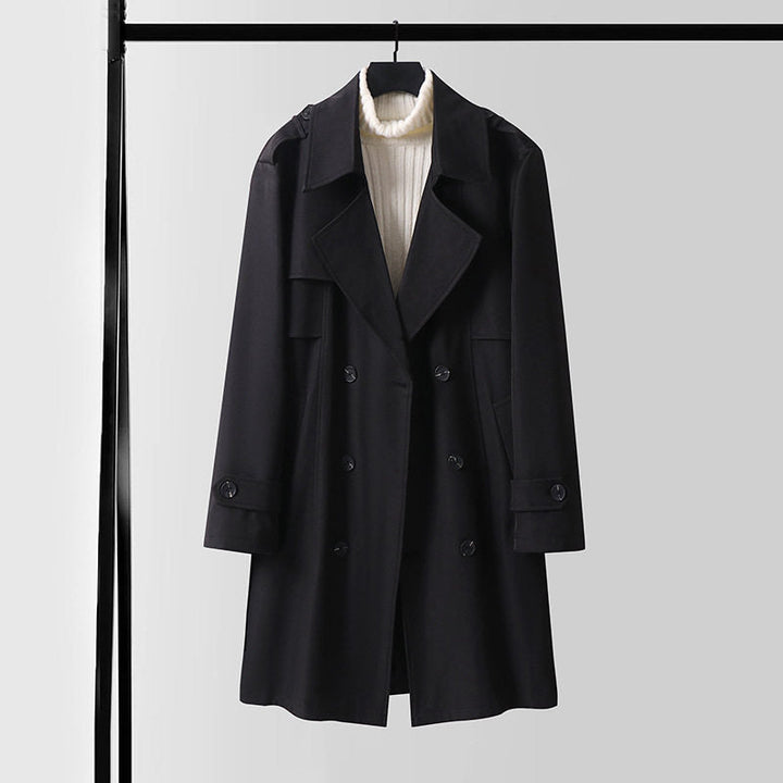 Dam Double-breasted kort trenchcoat gjord lätt ullblandning med a mjuk drape och shoulder flaps