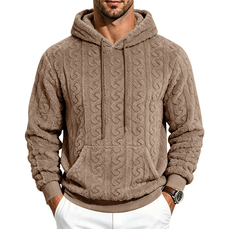 Herr Teddy Fleece Pullover med Cable Mönster, Huva och Känguruficka