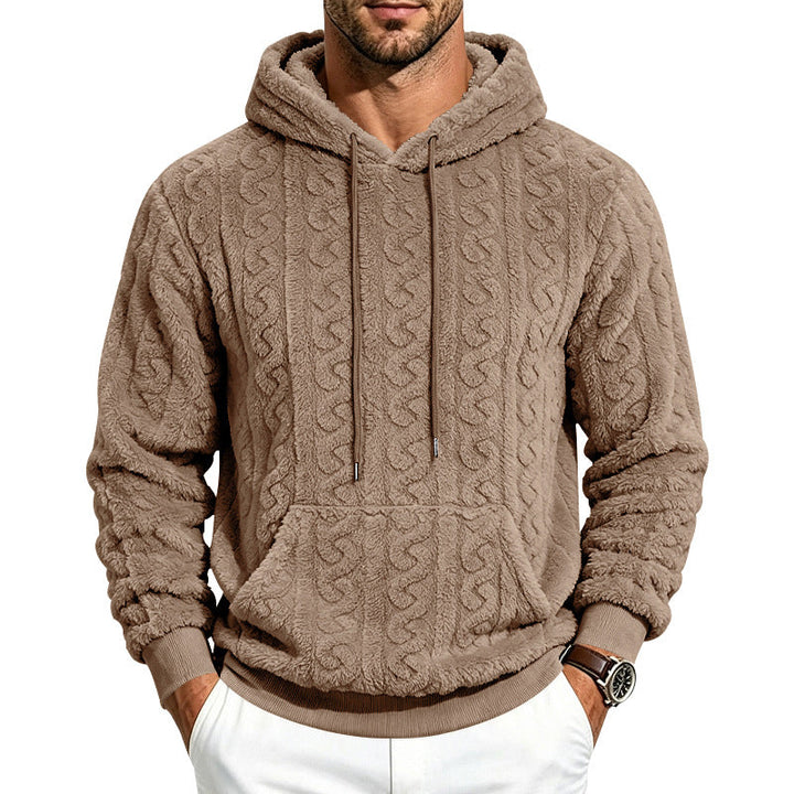 Herr Teddy Fleece Pullover med Cable Mönster, Huva och Känguruficka