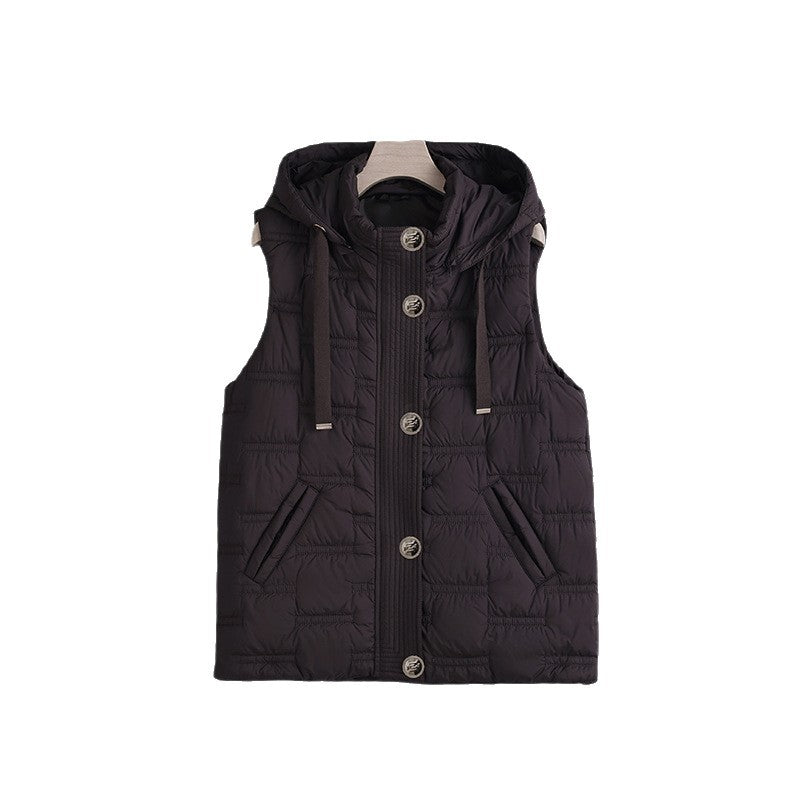 Dam sleeveless quiltad huvtröja väst med hidden knäppning och angled fickor