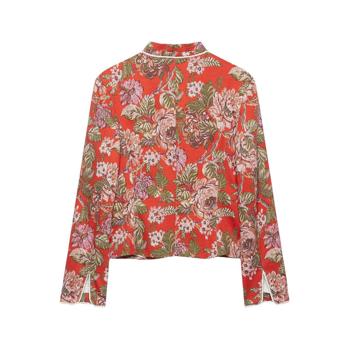 Dam Blommig Vävd Jacquard Bouclé Kort Jacka med Standing Krage