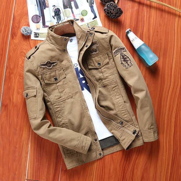 Herr Canvas Fältjacka i Militär Utility Stil med Stående Krage, Axel Patches, och Multi-Functional Fickor
