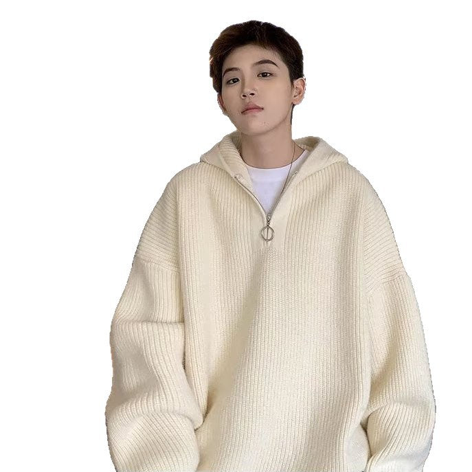 Herr Chunky Stickad Pullover med Huva och Dragkedja