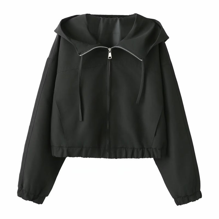 Dam Kort Kort Blouson med Huva, Dragkedja, och Elastic Nederkant