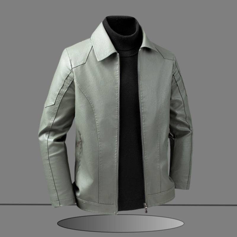 Herr Elegant Slim-Fit Läder Look Blouson Jacka med Skjorta Krage, Vertical Decorative Sömmar, och Dold Dragkedja