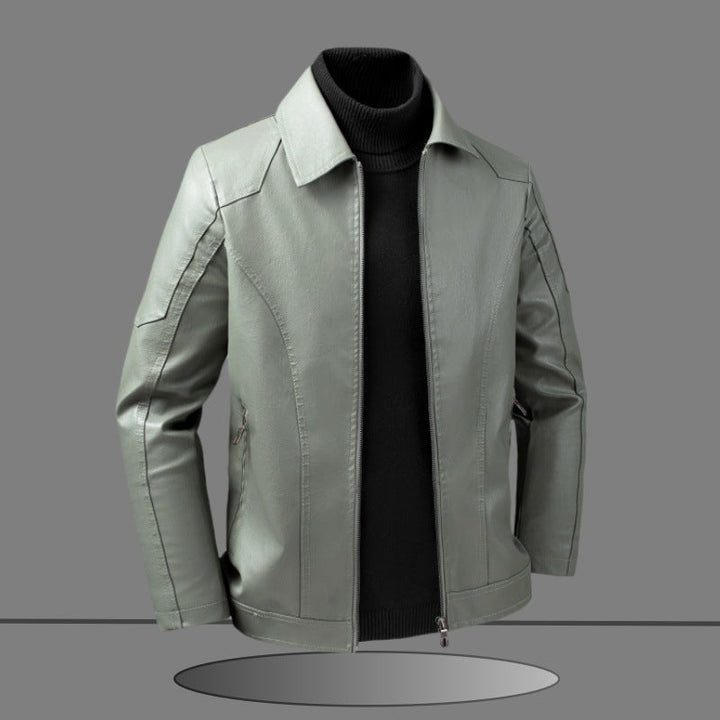 Herr Elegant Slim-Fit Läder Look Blouson Jacka med Skjorta Krage, Vertical Decorative Sömmar, och Dold Dragkedja