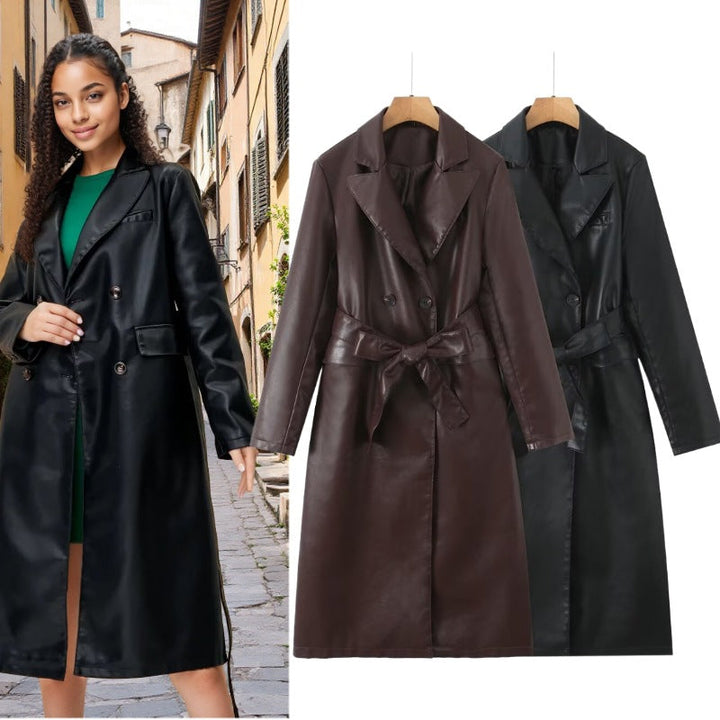 Dam Lång Modell Konstläder Trenchcoat med Dubbel-Breasted Knapplist och Midjebälte