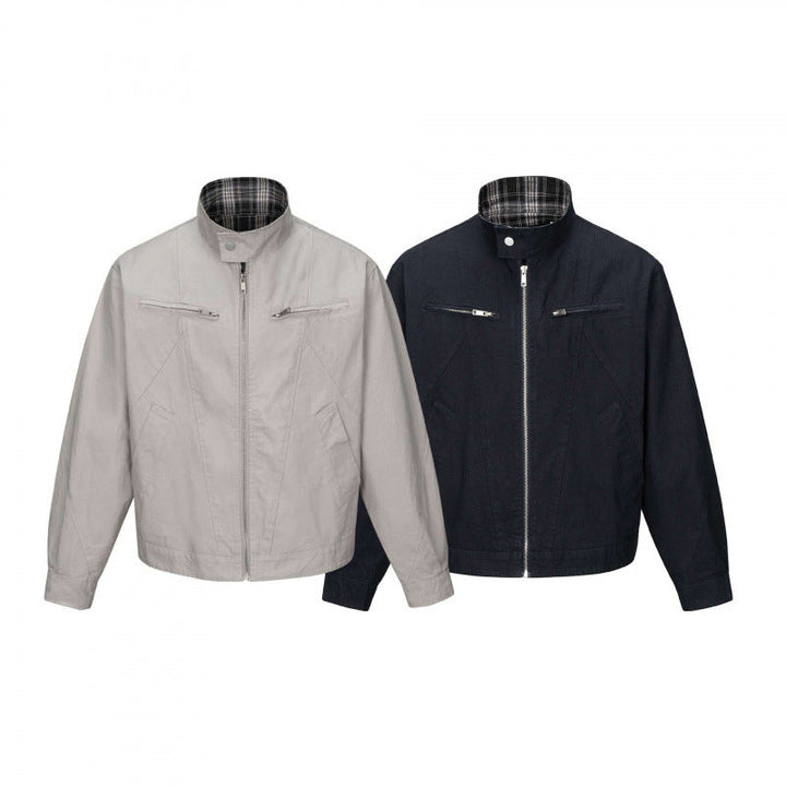 Herr cropped canvas blouson jacka med ståkrage, fickor med dragkedja, och rutig foder