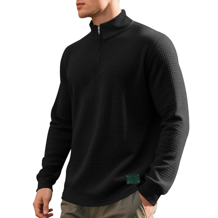 Herr Nano Lätt Waffle Stickad Pullover med Kort Krage Dragkedja och Rounded Fåll
