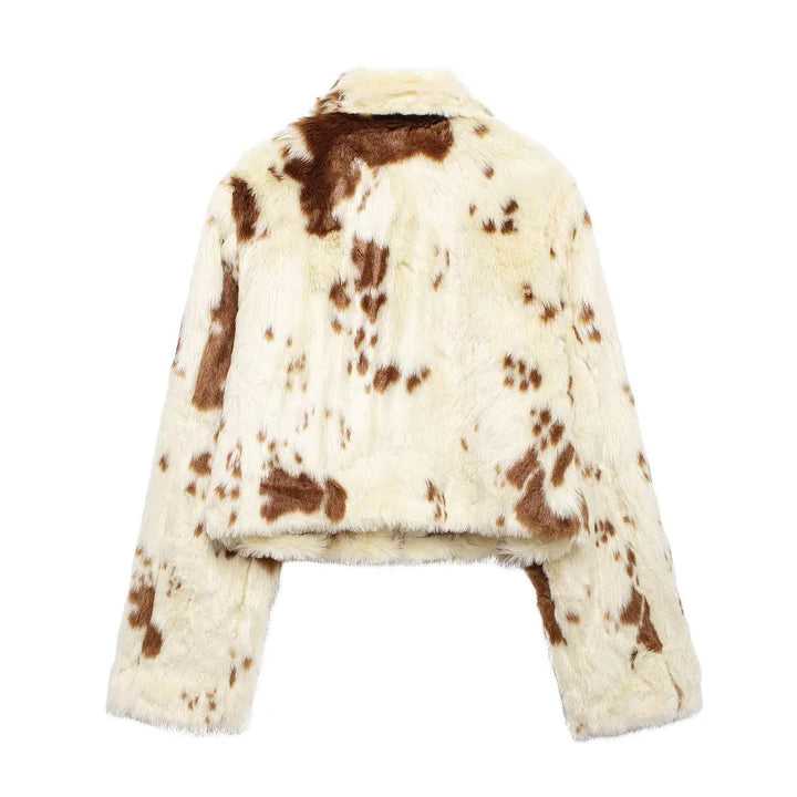 Dam cropped faux pälsjacka i cow tryck design med skjortkrage och concealed dragkedja