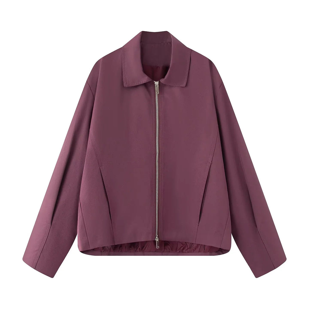 Dam lätt avslappnad boxy blousonjacka med concealed two-way dragkedja, hög krage, och side inset fickor