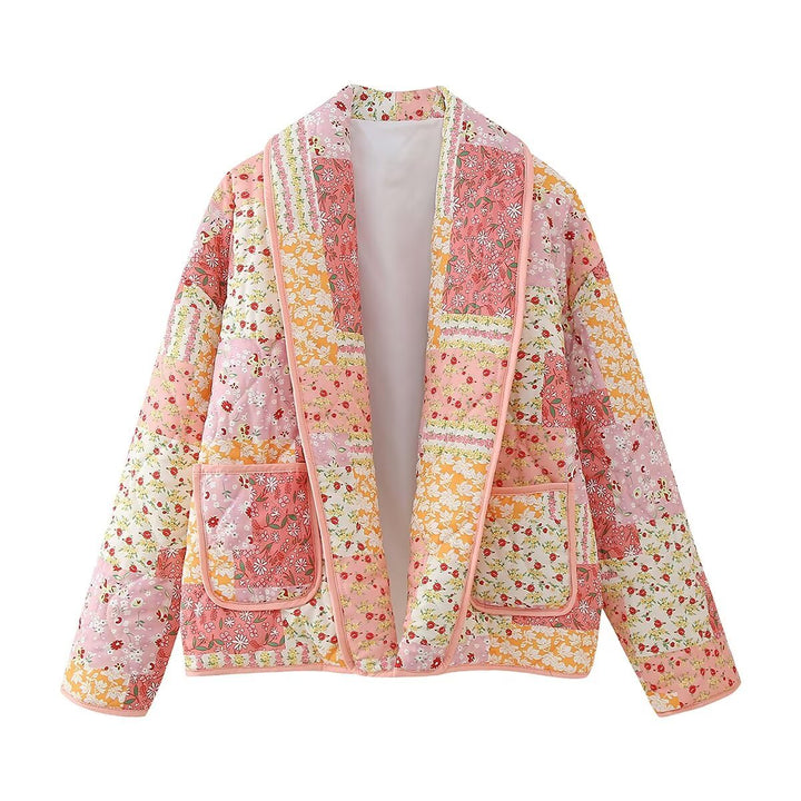 Dam non-quiltad patchwork quilt jacka med lapel krage och påsydda fickor