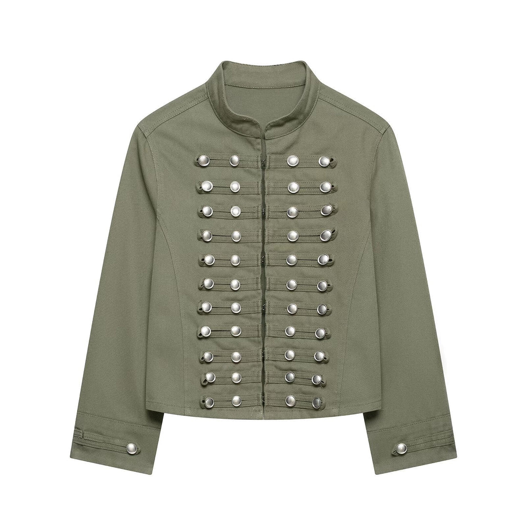 Dam Tailored Denim Blazer Jacka i Military Inspired Marshal Stil med Dekorativ Knapp Knäppning