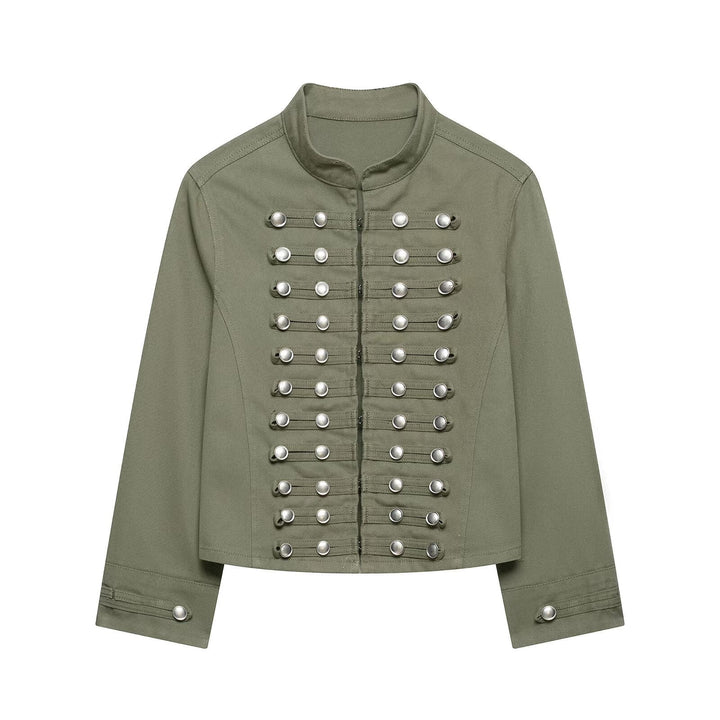 Dam Tailored Denim Blazer Jacka i Military Inspired Marshal Stil med Dekorativ Knapp Knäppning