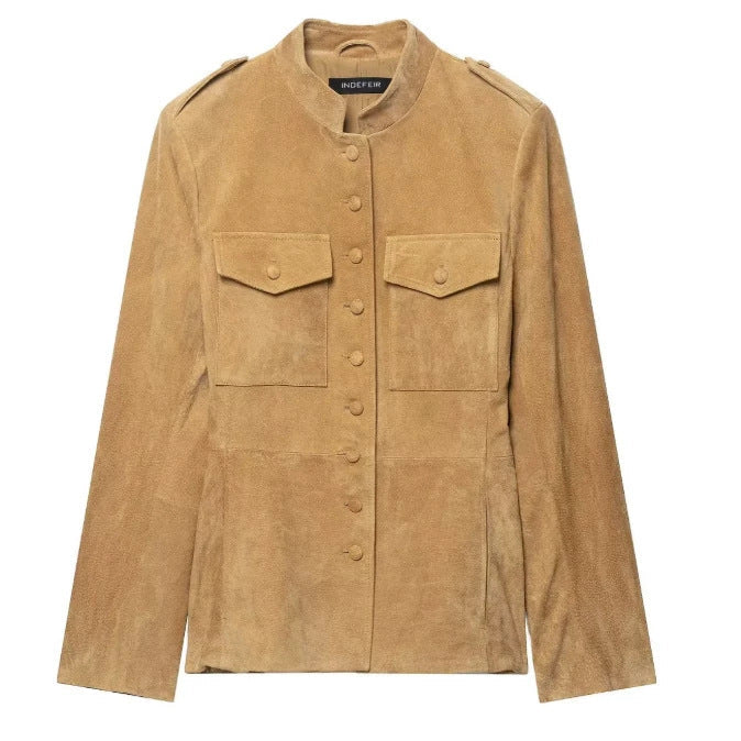 Dam Tailored Suede Jacka i Military Look med Stå Krage, Lock Fickor och Dold Knapp Knäppning