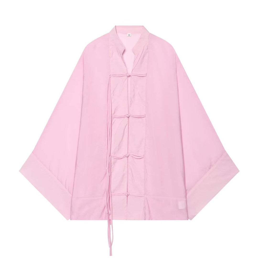 Dam Oversize Kimono Jacka med Dekorativ Knot Closures och Flowing Satin Look