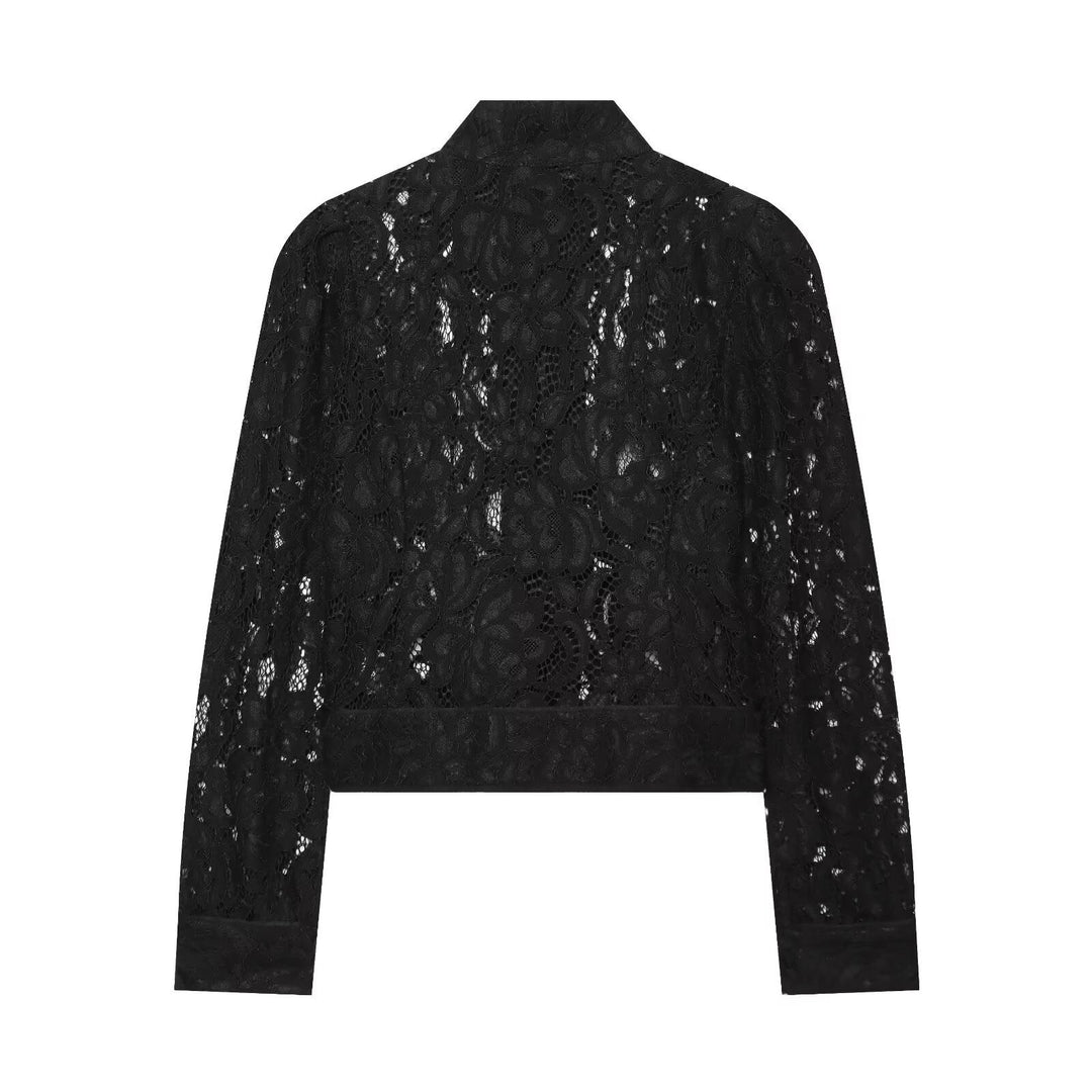 Dam Kort Lace Jacka med Stå Krage och Knapp Knäppning