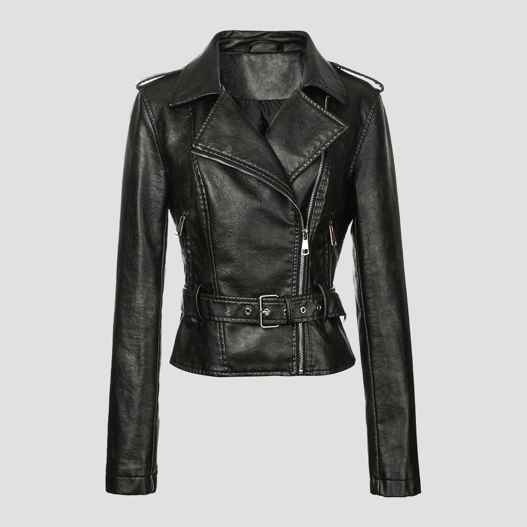 Dam kort jacka in biker stil gjord mjuk konstläder med asymmetrisk dragkedja och midjebälte