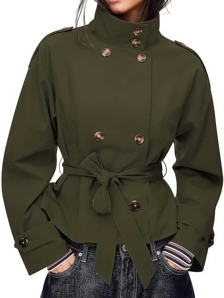 Dam Kort Trenchcoat med Dubbel-Breasted, Midjebälte och Ståkrage