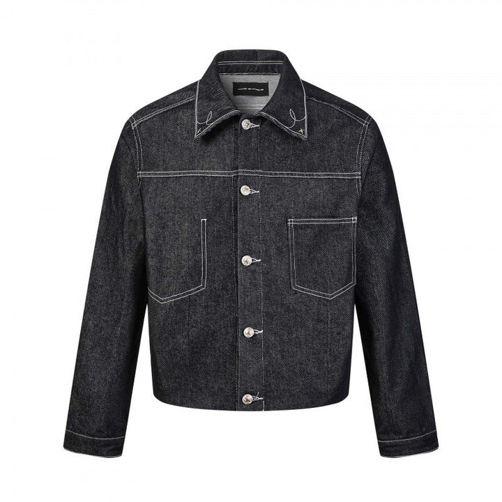 Herr boxig denimjacka med contrasting quiltad sömmar och patch bröstfickor