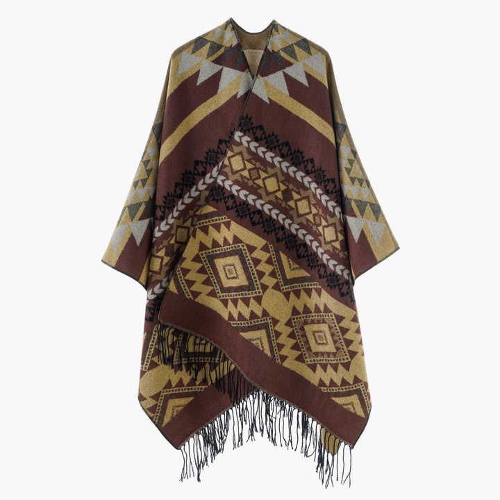 Dam Oversize Jacquard Cape i Ethno Jacquard med Fringing