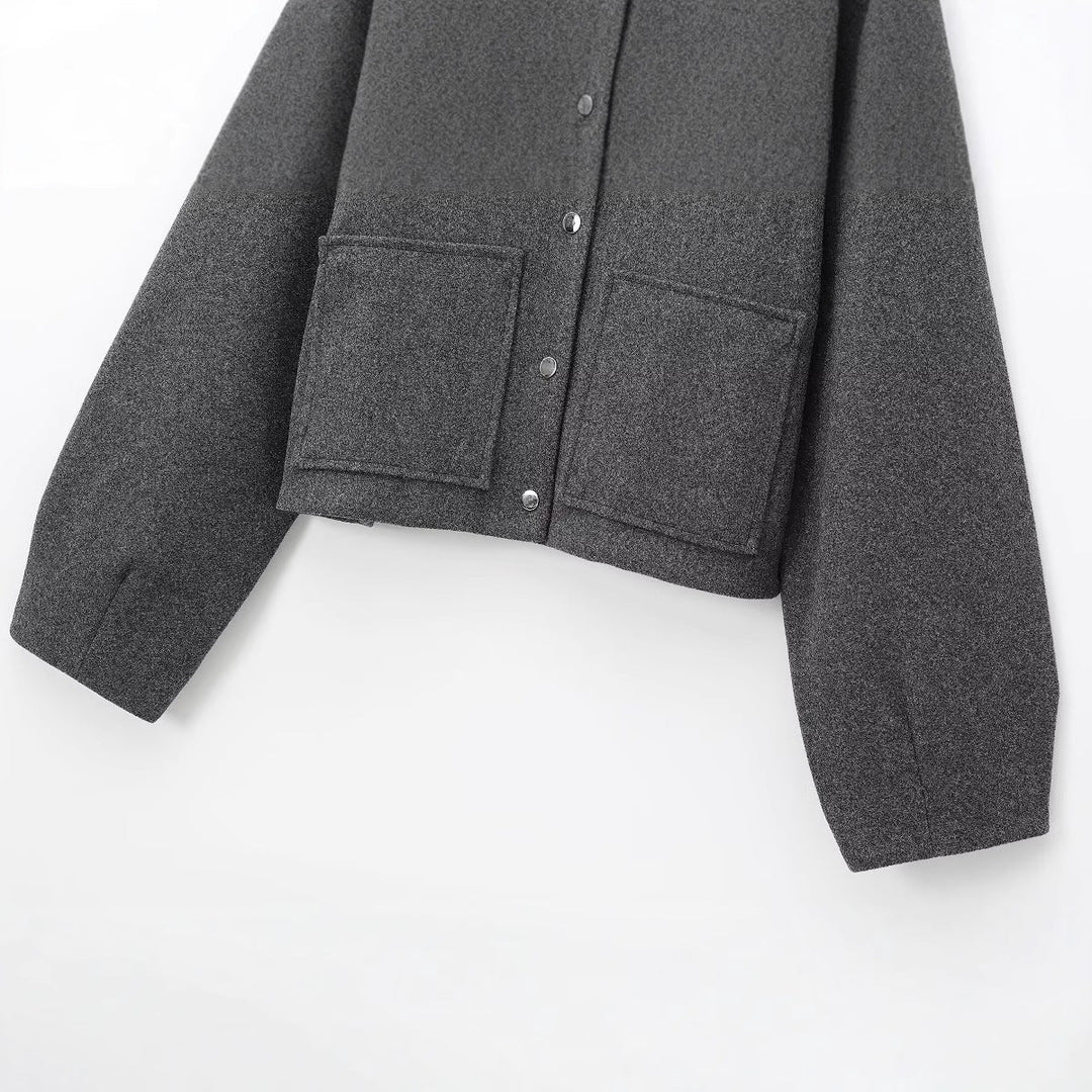 Dam Kort Ull Blend Jacka i Boxig Skärning med Stå Krage och Patch Fickor