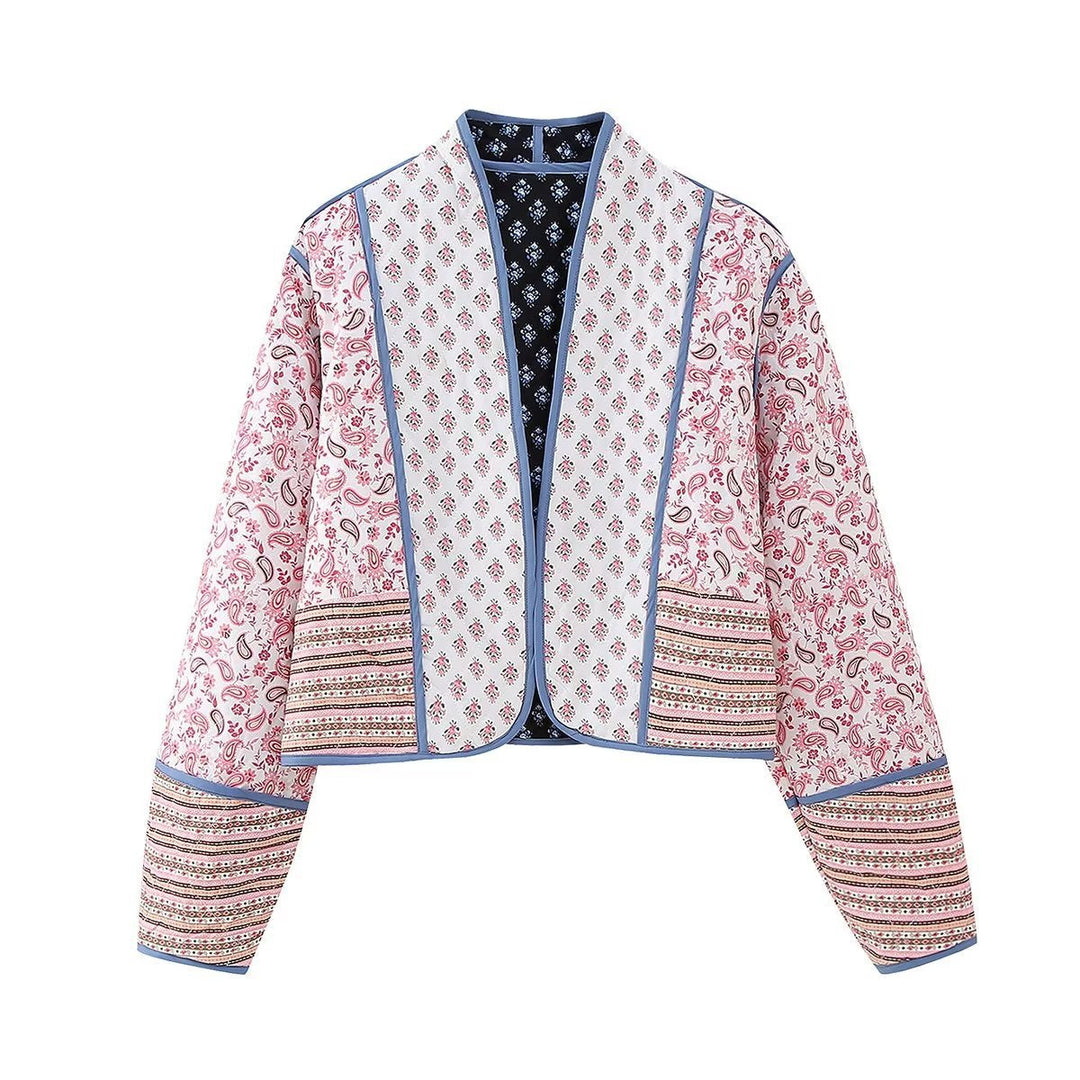 Dam Kort Quiltad Patchwork Jacka med Paisley och Blommig Prints, Open Kimono Skärning och Contrast Piping