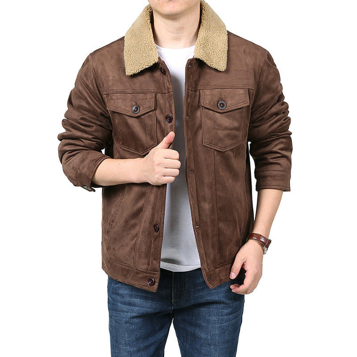 Herr Suede-Like Skjortjacka i Trucker Stil med Teddy Krage &amp; Lockfickor