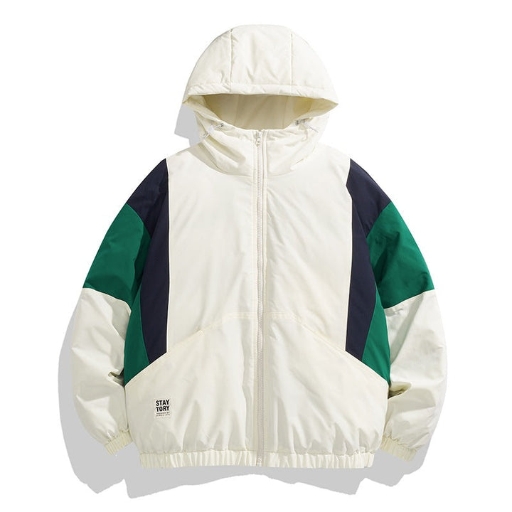 Unisex med Huva Quiltad Jacka i Color Block Look med Elastic Nederkant, Kangaroo Fickor &amp; Lätt Termisk Foder