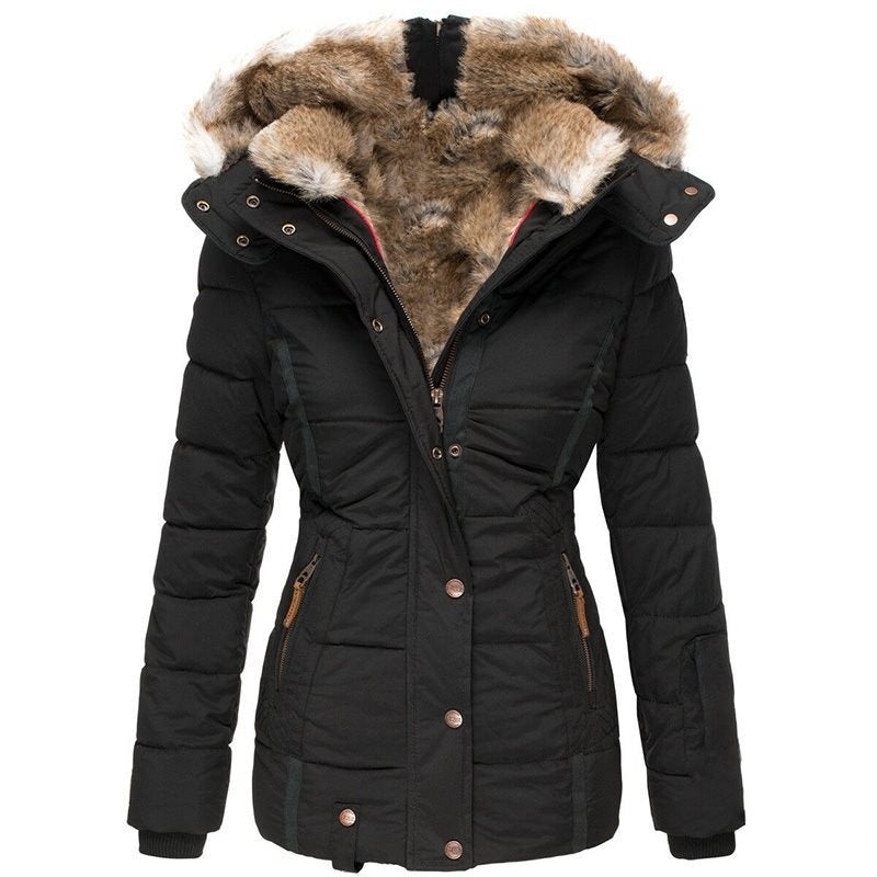 Dam vadderad parka med figurnära skärning och faux fur huva