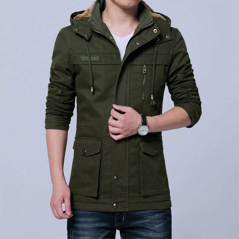Herr Canvas Parka med Fodrad Huva, Multifunctional Fickor och Dold Dragkedja