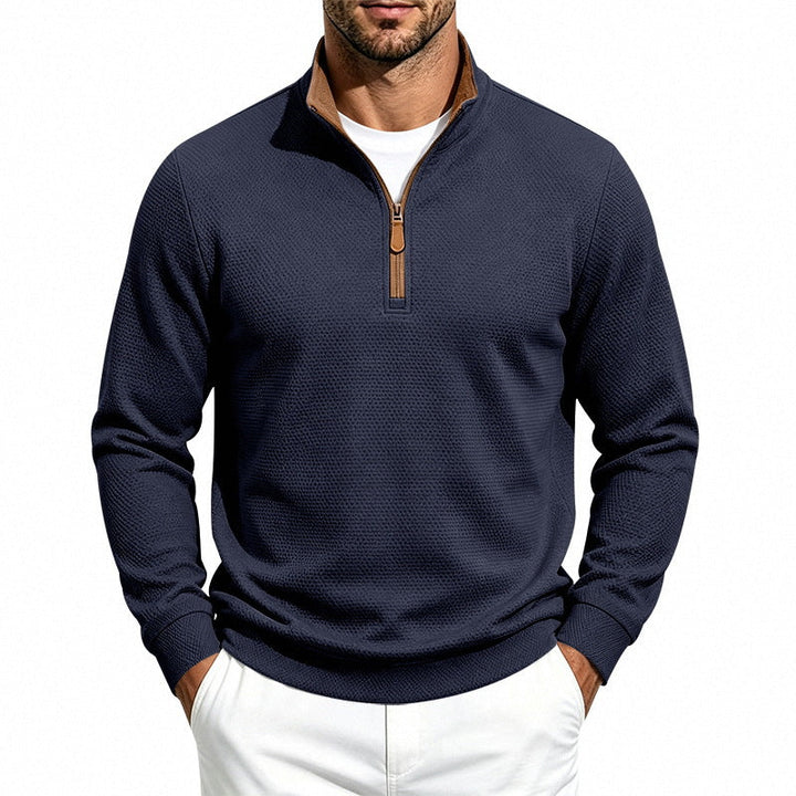 Herr Halv Dragkedja Pullover med Waffle Texture och Contrast Krage