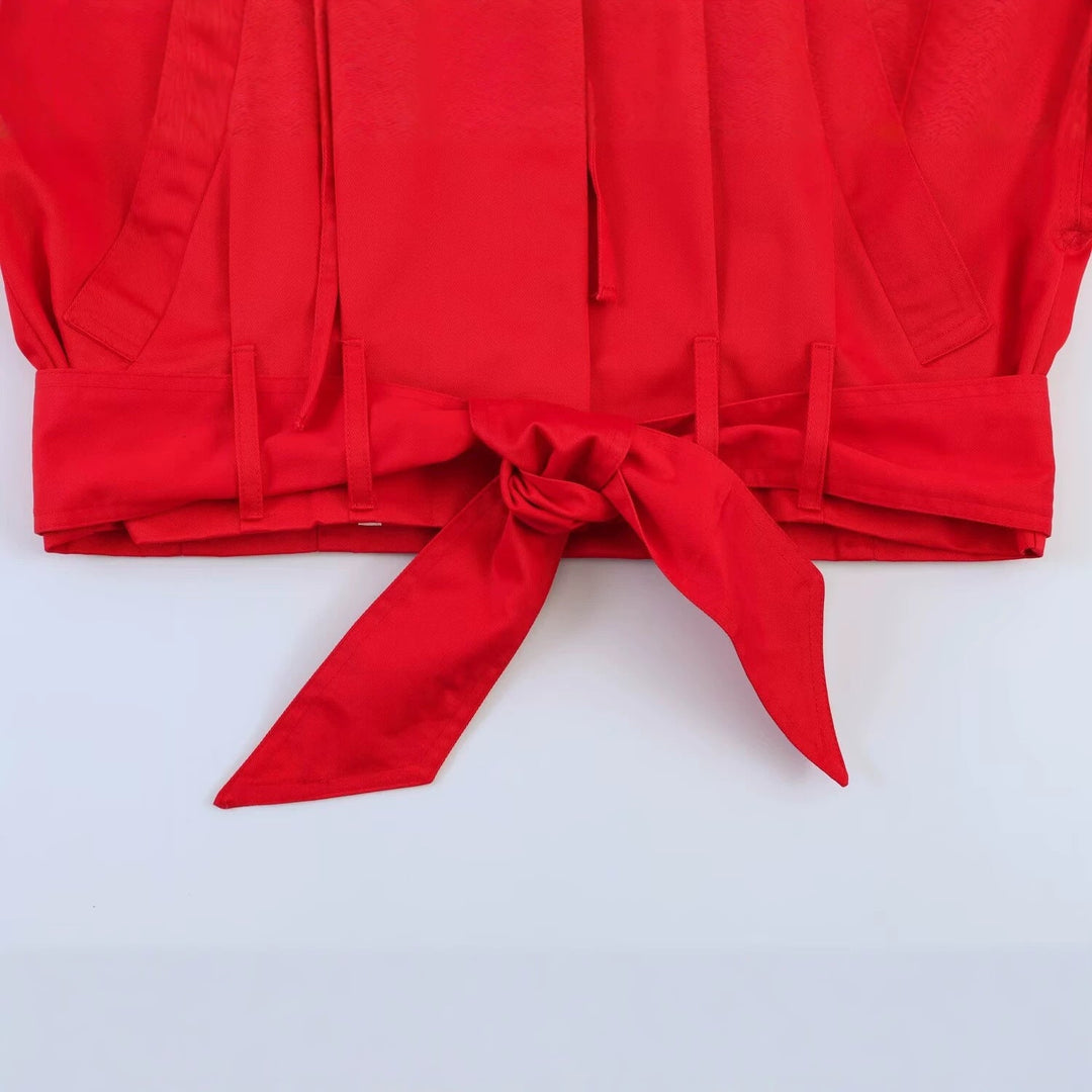 Dam Kort Jacka med Waist Belt, Stora Skjort Krage och Drawstring