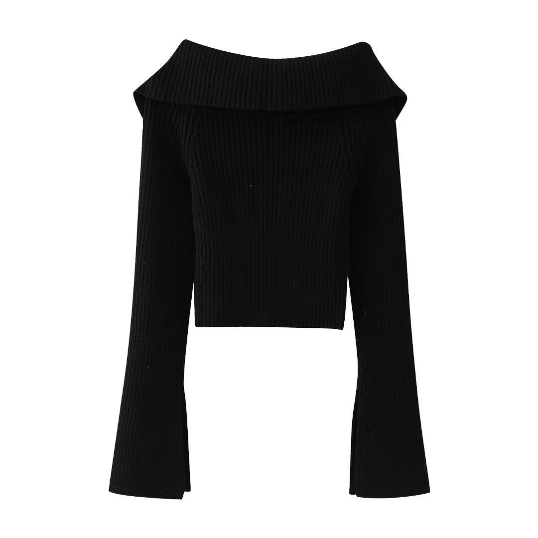 Dam kort skärning Ribbed Knit jacka med vid Off-Shoulder krage och hellång dragkedja