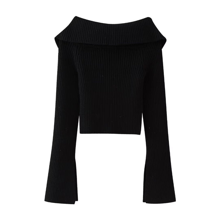 Dam kort skärning Ribbed Knit jacka med vid Off-Shoulder krage och hellång dragkedja