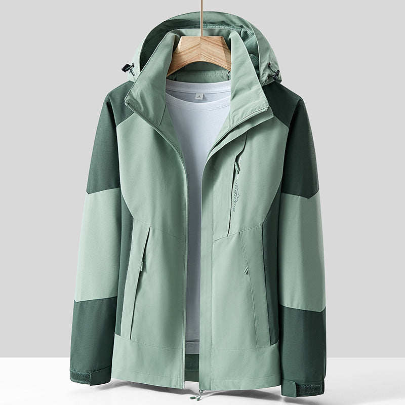 Unisex andningsbar softshell utomhusjacka in Colorblock design med justerbar huva och dold två-Way dragkedja